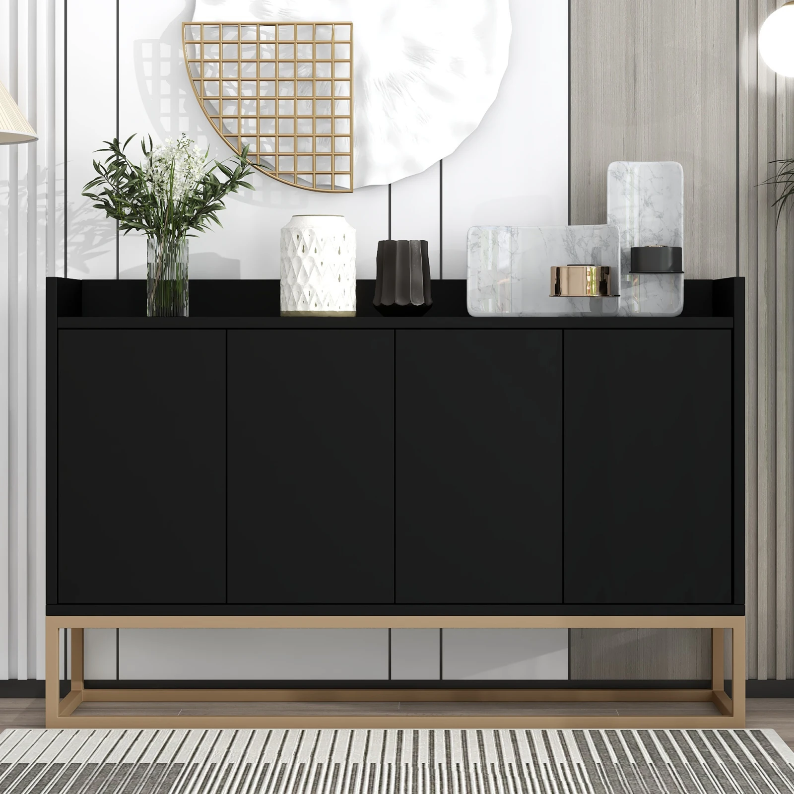 Rosahqnda Meuble buffet moderne de style minimaliste, 4 portes, sans poignées, pour salle à manger, salon, cuisine