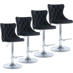 Ensemble de 4 tabourets de bar réglables avec dossier, en velours, touffeté, moderne, avec clous