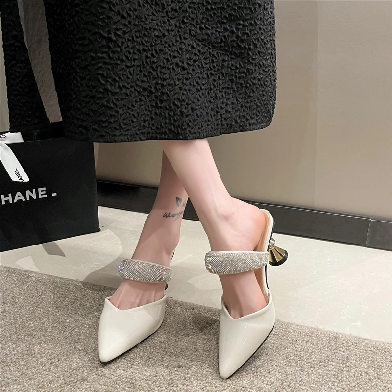 Women Slippers Pointed Toe High Heels Mules Pu Leather Slip on Summer Shoes Female Sandals 2022 Indoor