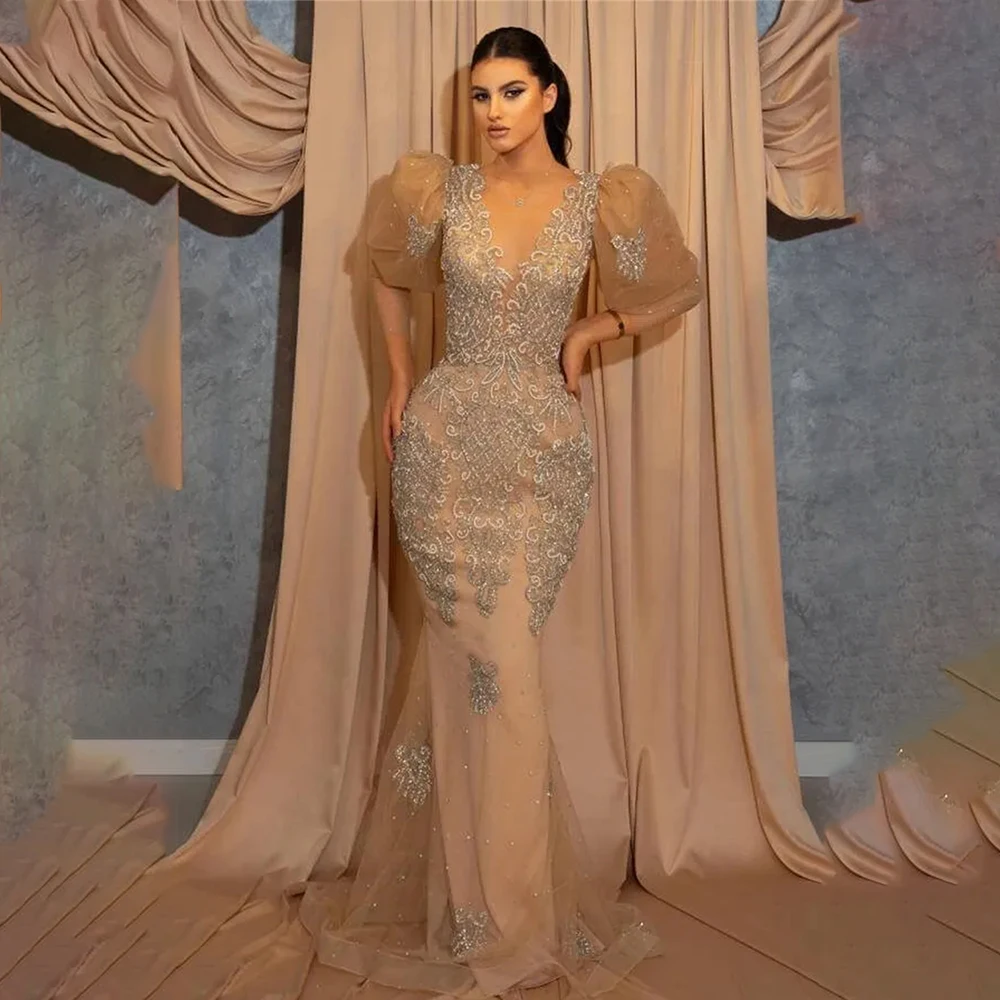 

2026 Women's Formal Evening Gowns V Neck Appliques Half Sleeve Mermaid Formal Party Prom Dress Evening Dresses Luxury 2026 Dubai