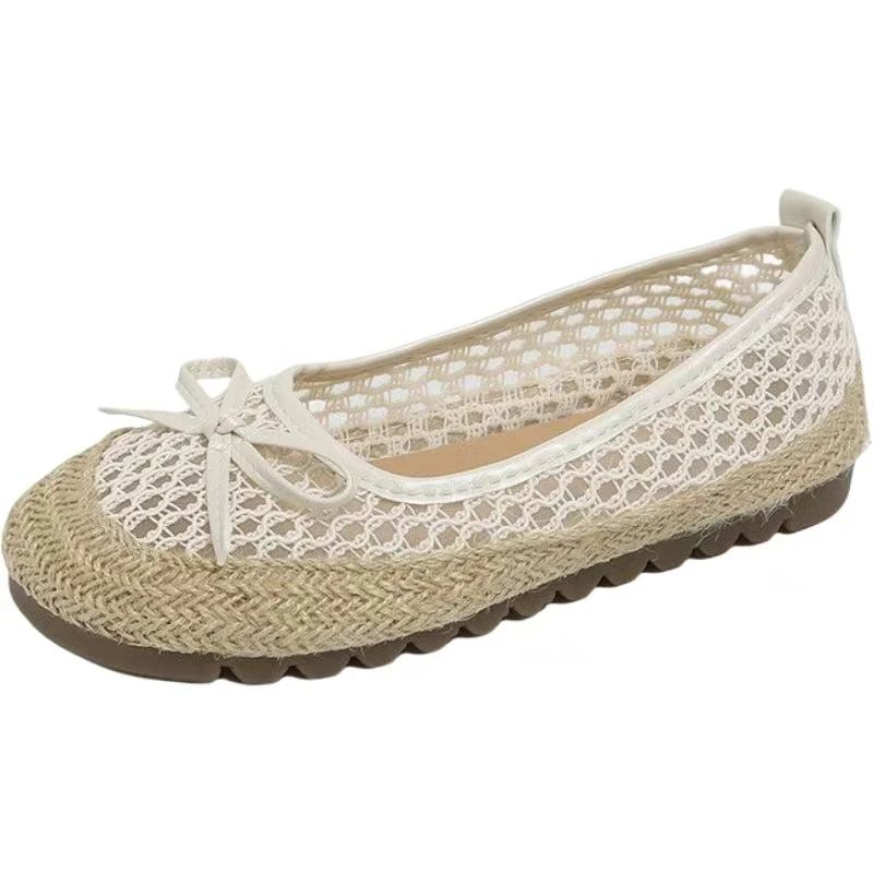 

Женские летние новые туфли на плоской подошве из сетки, с мягкой подошвой, круглым носком, неглубоким вырезом, без застежек, дышащие, повседневные, нюдовые, в стиле рыбацких туфель, для пожилых людей, размер S