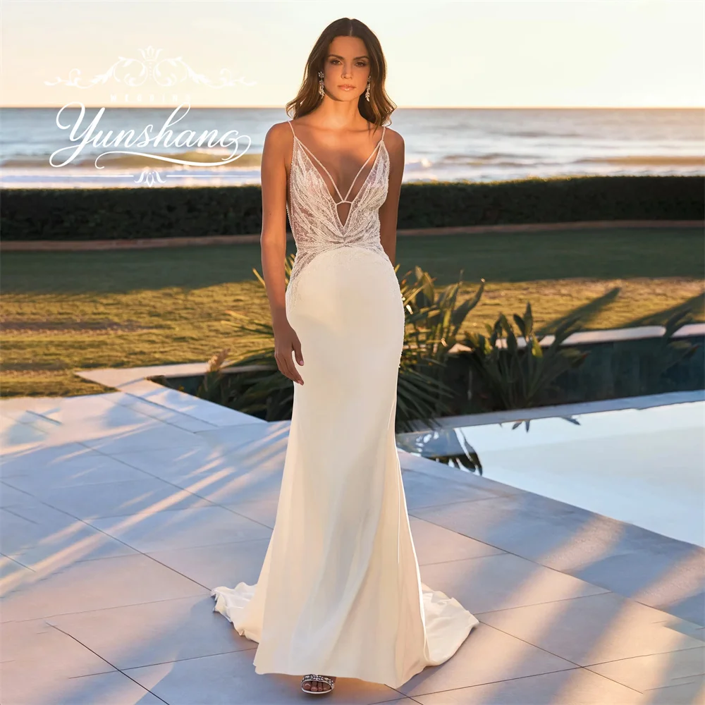 YunShang Customized V-Neck Mermaid Wedding Dress Sleeveless Backless Spaghetti Strap Appliques Embroidery Court Train Sequin