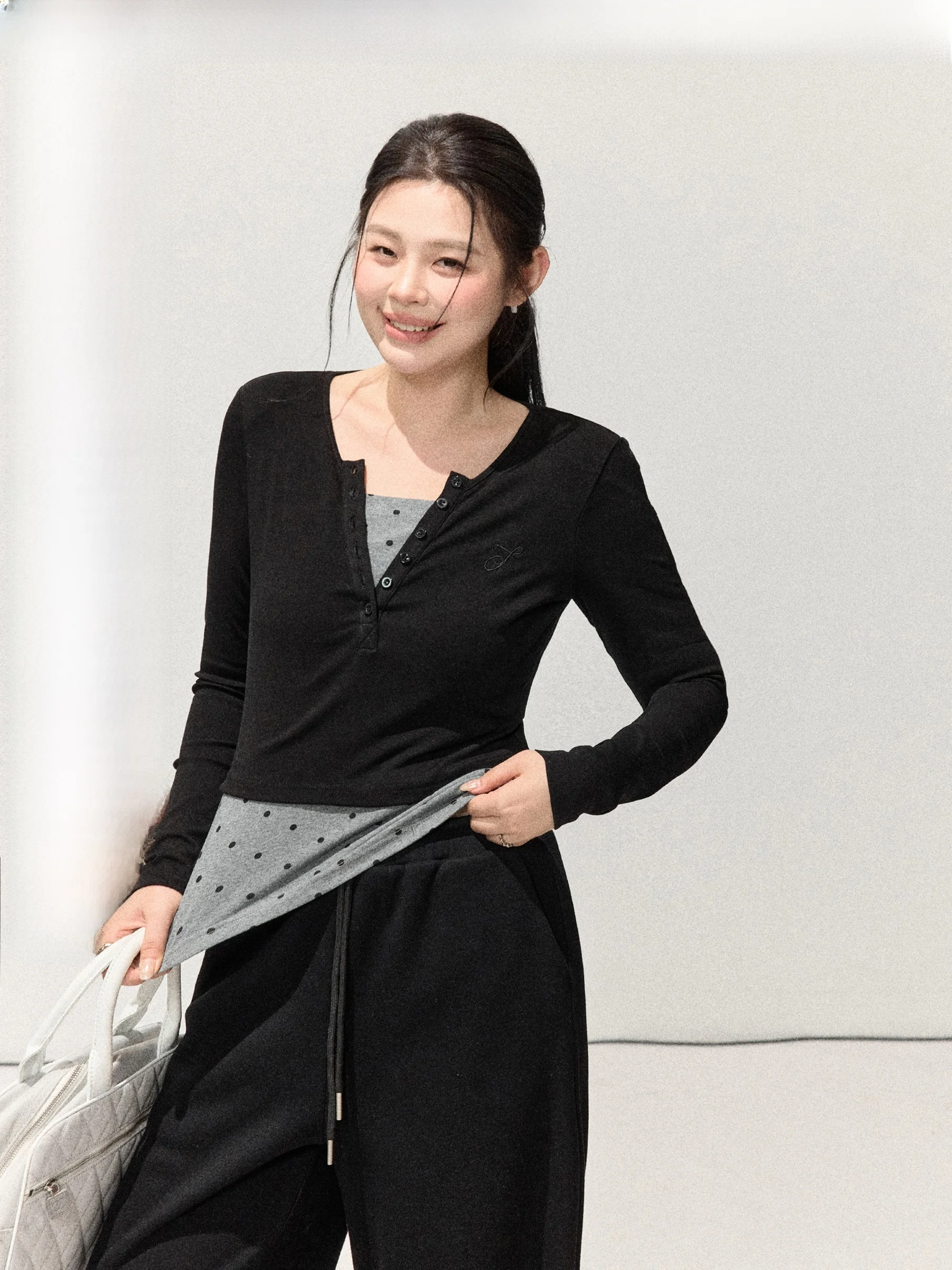 

Футболка Slim Fit в горошек с эффектом двухслойности, топ больших размеров от Jululook Daily, с длинными рукавами, из других материалов, 00% хлопок