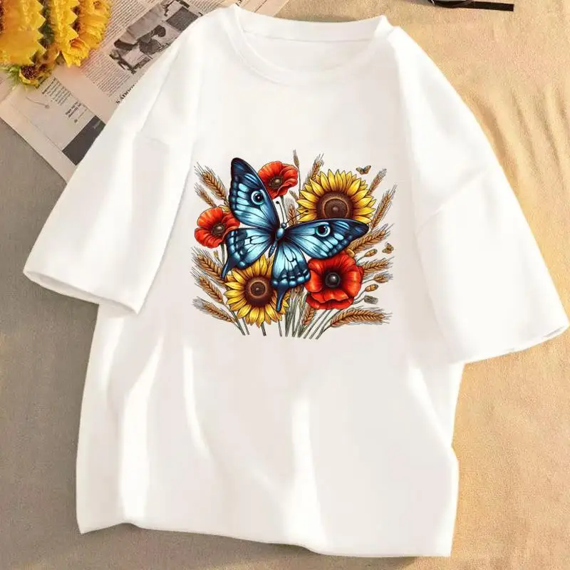 

Instagram Foreign Fashion Heart-shaped Flower Print Fashion Network Red Burst Round Neck Cute Women Short-sleeved T-shirt Tops