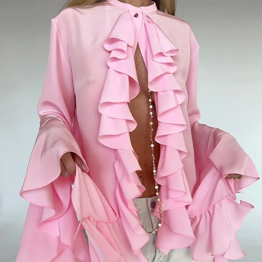 2025 Elegant Ladies Chiffon Shirt Top Fashion O-Neck Trumpet Sleeve Ruffled Single-Breasted Loose Casual Solid Color Top  Blouse