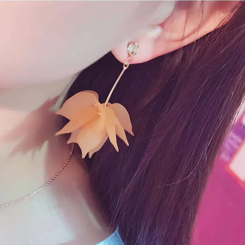 Fashion New Elegant Lady Lotus Petal Earrings Multi-layer 5 Colors Flower Long Earrings With Crystal Women Party Birthday Gift