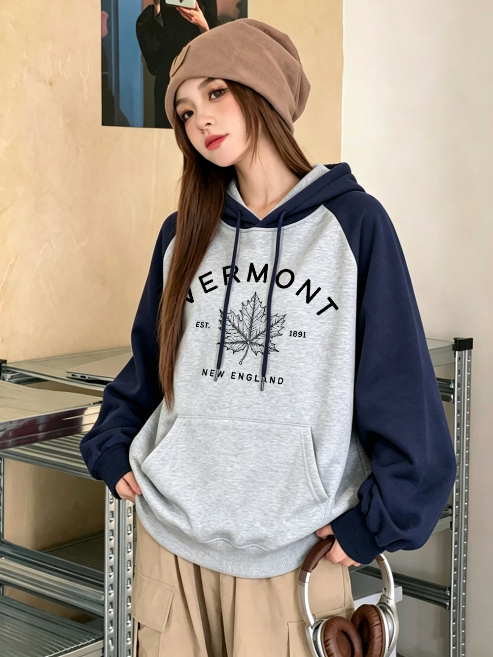 Sudadera con capucha raglán Vermont New England para mujer, informal, para correr, básica, con bolsillos, de forro polar cálido para invierno