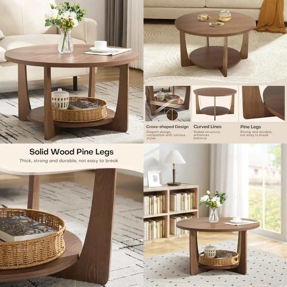 طاولة قهوة مستديرة من خشب الصنوبر الصلب مقاس 31.5 بوصة مع رف تخزين