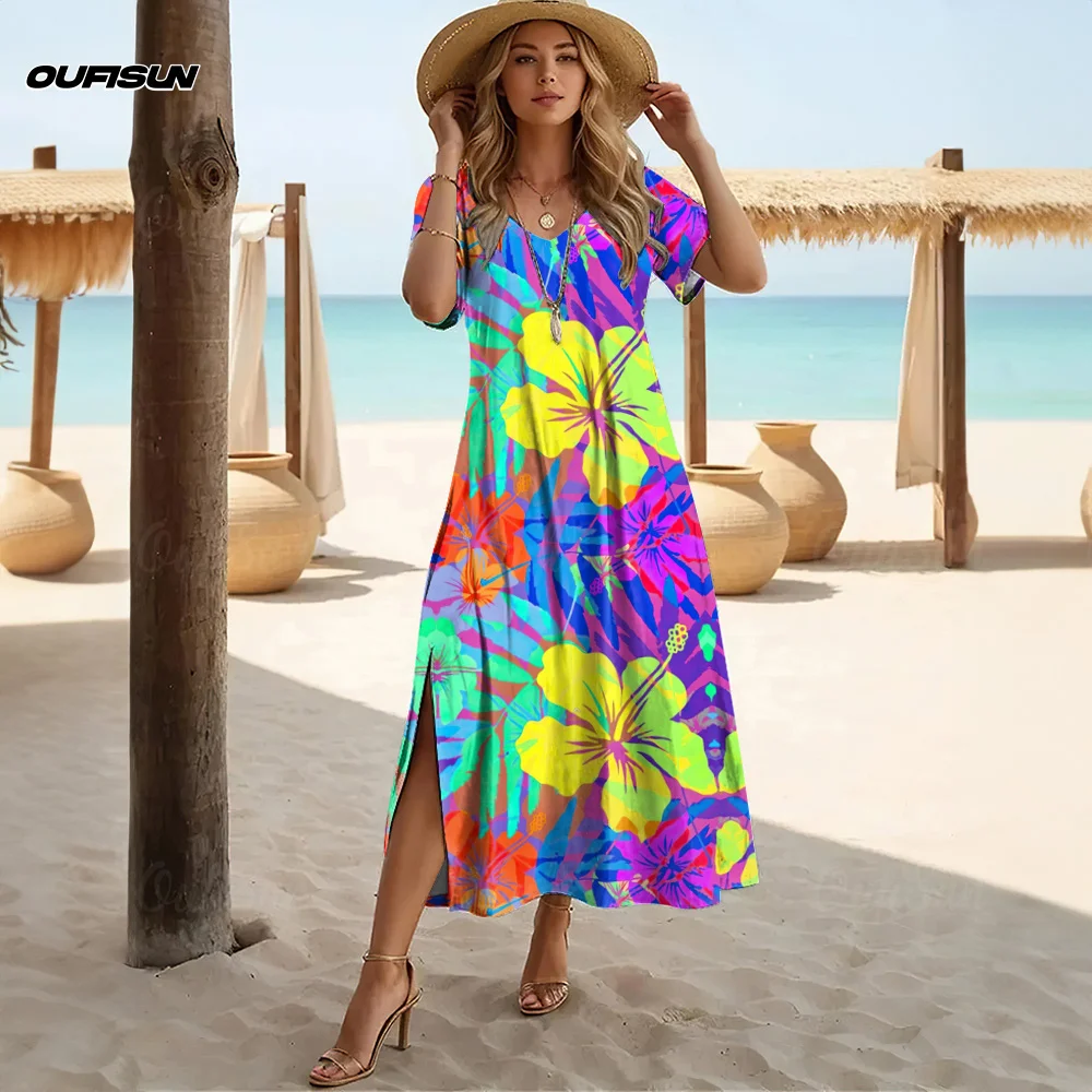 ฤดูร้อนผู้หญิง V คอชุด A-Line ชุดฮาวายแขนสั้นยาวเสื้อยืดลายดอกไม้ Tropical พิมพ์ 2025 เสื้อผ้าใหม่