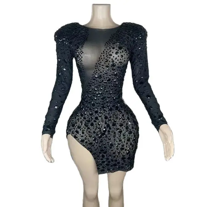 

Sparkly Black Rhinestones Transparent Dress Evening Sexy See Through Crystals Costume Birthday Party festival carnival Outfit