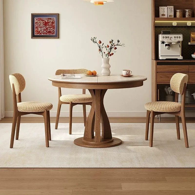 Travertine rock slab solid wood retractable round dining table deformable and stretchable small apartment multi-functional