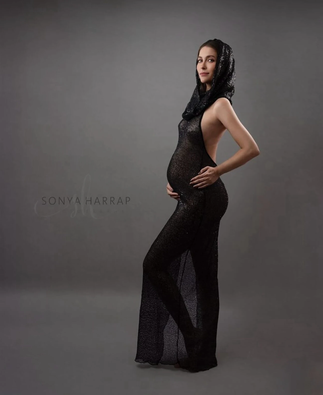 Sexy Transparent High Neck Maternity Photography Props Dress Black Sequins Backless Clothing Pregnancy Photo Shoot Baby Showers