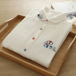 Autumn Cotton Shirt For Women Cute Cartoon Mushroom Embroider White Shirts Office Lady Tops Girl Long Sleeve Blouses