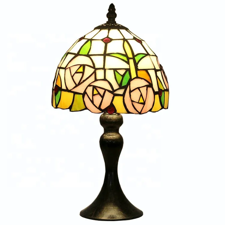 

LongHuiJing 12 Inch Tiffany Style Stained Glass Rose Flower Table Lamp, Bedroom Study Room Decorative Lighting, Zinc Alloy Base
