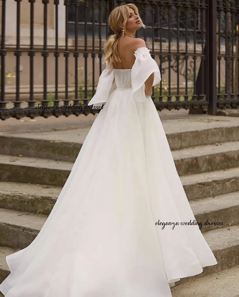 Customized Strapless Ruched Neck Organza Wedding Dresses With Removeable Sleeves A-line Bridal Dress Floor Length Bridal Gown