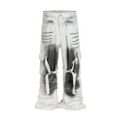 White Splashed Ink Distressed Jeans for Men streetwear Multi-pockets Baggy Cargo Pants Oversize Ropa Hombre Loose Denim Trousers