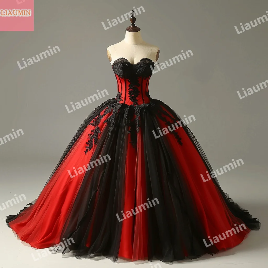 

Custom Classic Red Tulle And Black Lace Applique Ball Gown Strapless Prom Dress Floor Length Evening Formal Clothing W15-51.9