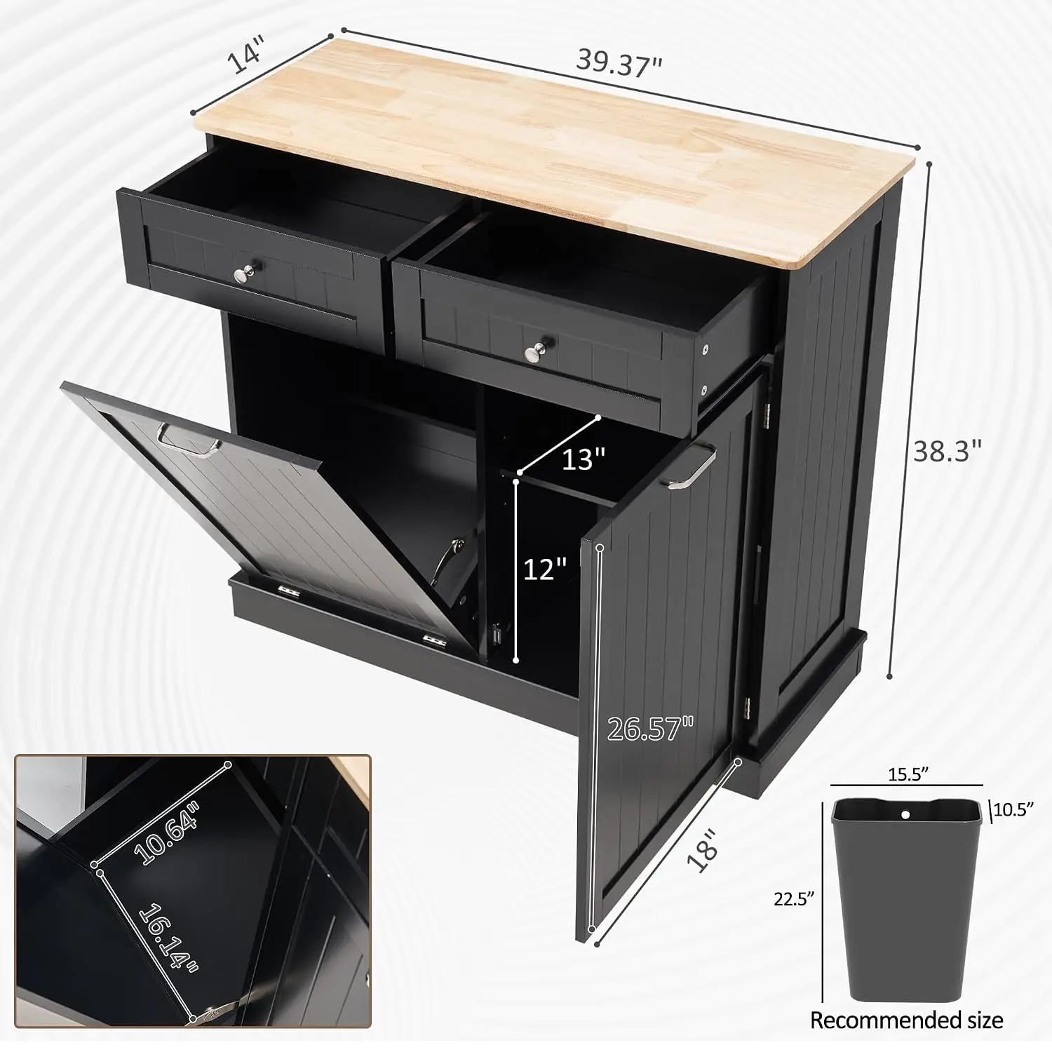 13 Gallons Tilt Out Trash Can Cabinet Hidden Kitchen Trash Can, Black