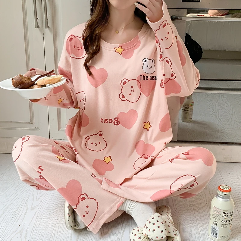 Bear Love Heart Women Pajamas Set Cute Kawaii Sleepwear Long Sleeves Long Pants Autumn Winter Pullover Pyjamas Ladies Pijamas