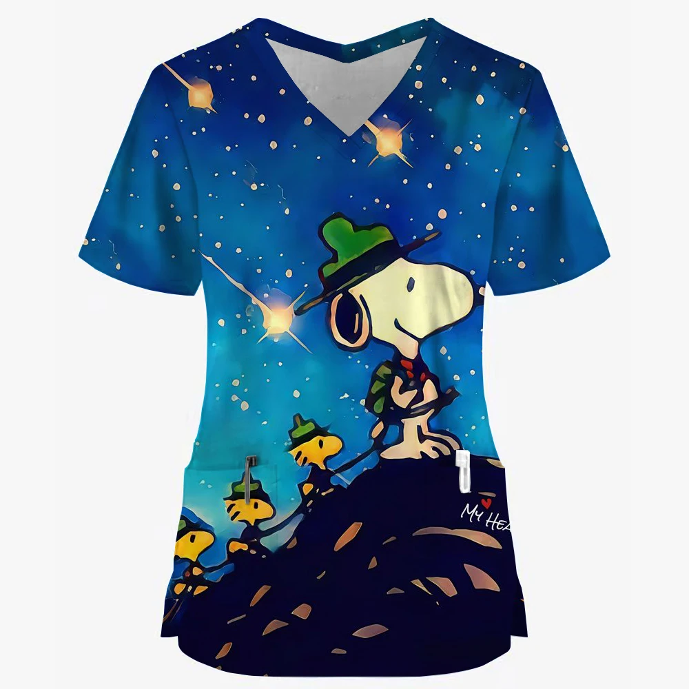 Pocket Women's T-shirt Women's V Neck Nurse Uniform T-Shirt Y2k Clothes Snoopy S-2XL Cheap Top New Hospital Woman Clothing 2024