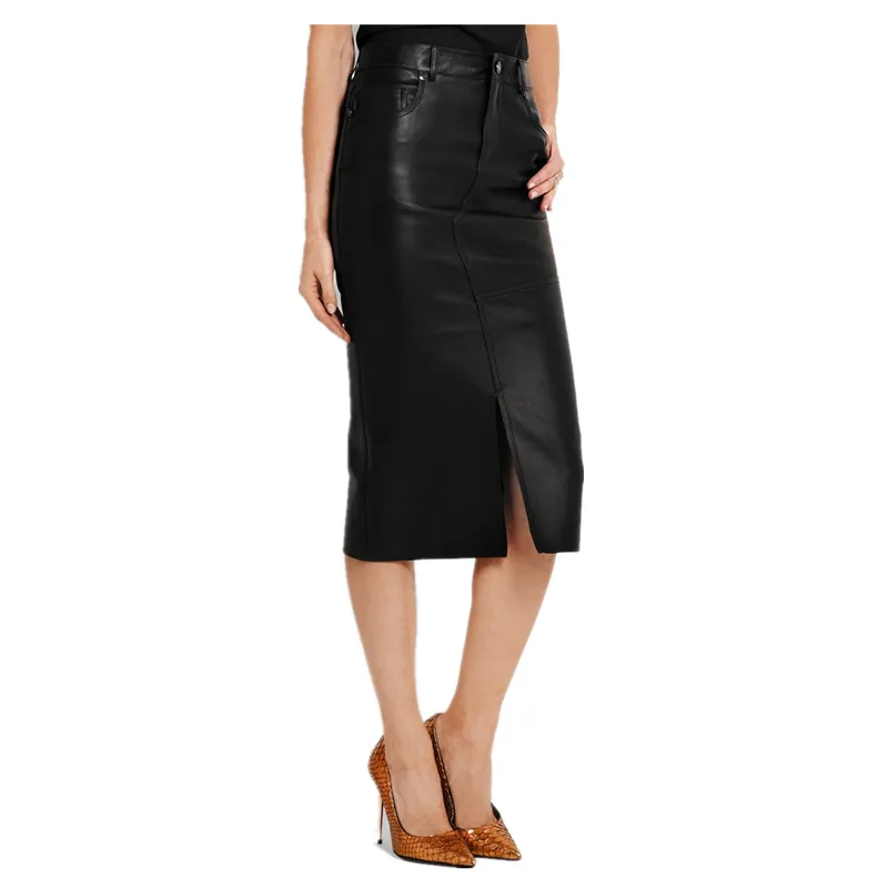 

Real Leather Skirt, High Waist, Elastic, Genuine Strecth Sheepskin, Long Slit, Thin, OL, Spring And Autumn