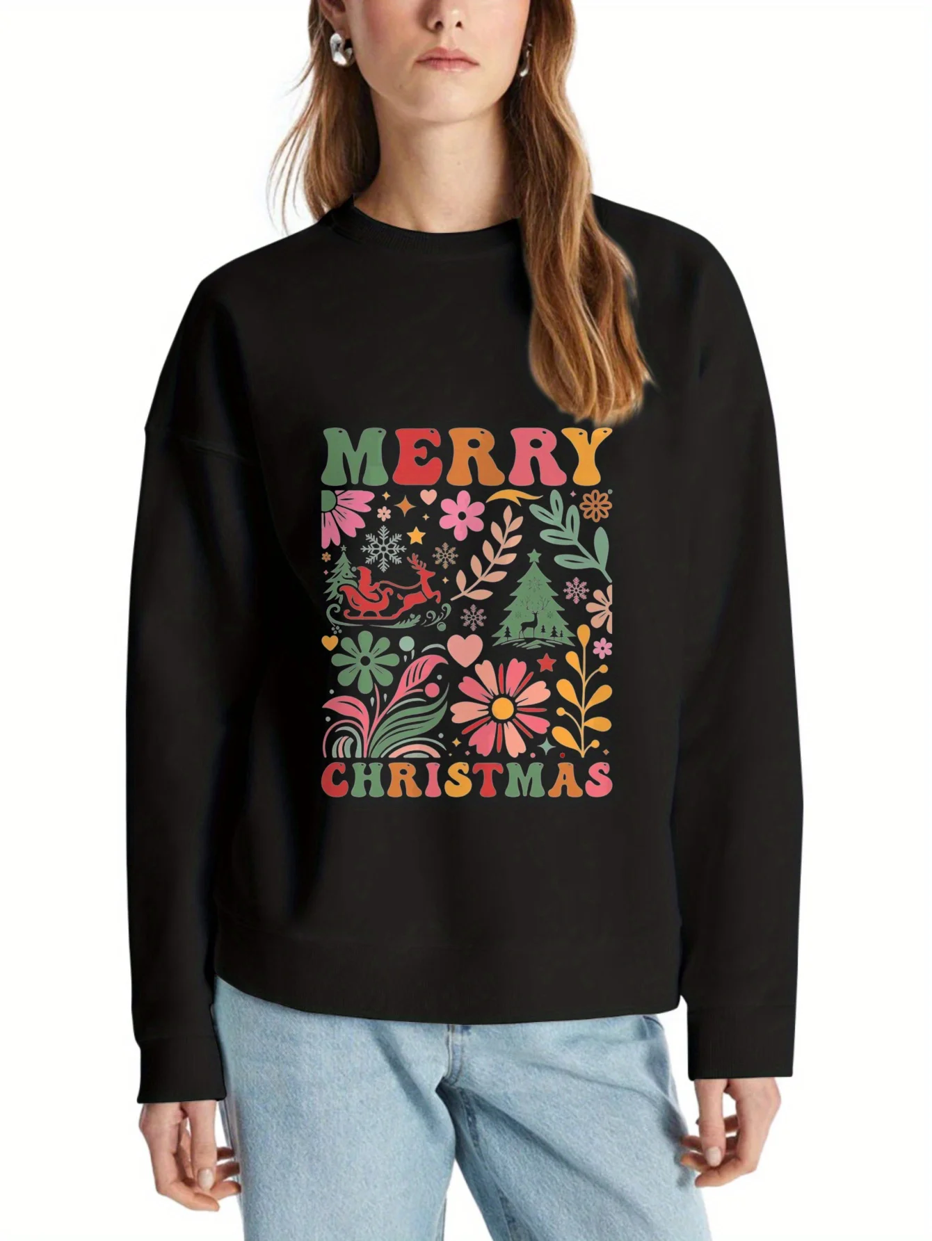 เสื้อสเวตเตอร์มีฮู้ดผ้าโพลีเอสเตอร์ผสมสีดำสำหรับสุภาพสตรี พร้อมลายพิมพ์ดอกไม้สุขสันต์วันคริสต์มาสและเกล็ดหิมะนุ่มๆ พร้อมลายต้นไม้