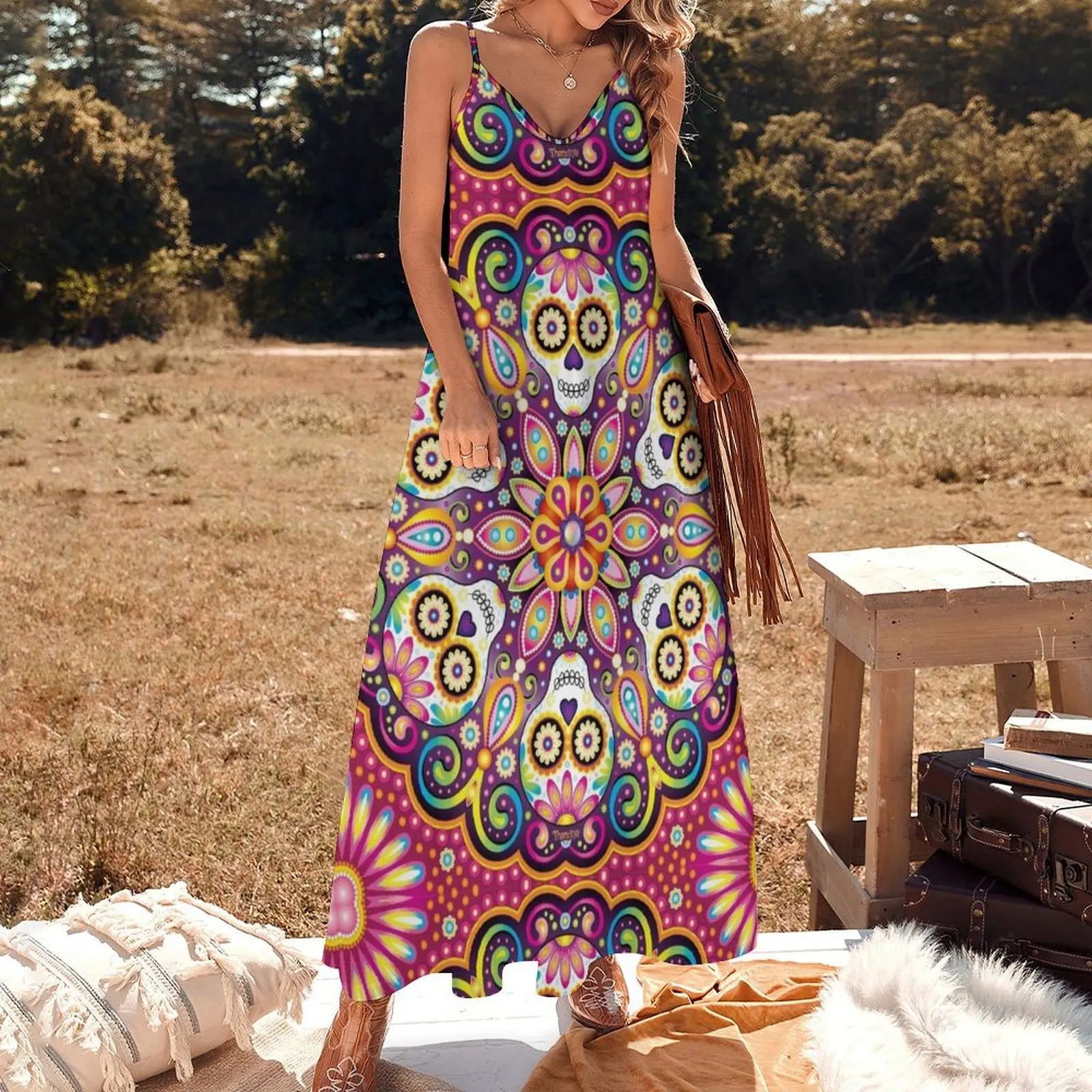 Sugar Skull Mandala - Day of the Dead Mandala Art by Thaneeya McArdle Sleeveless Long Dress loose women's dress Dress