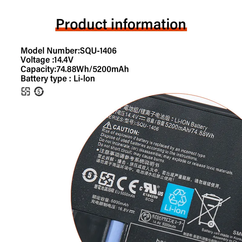 Bateria original para ThundeRobot, Quimera CX-9 SQU, 14.8V, 5200mAh, 74.88Wh, SQU-1406, 911-E1, 911-T2A, 911-S2B, 911-T1, 1406