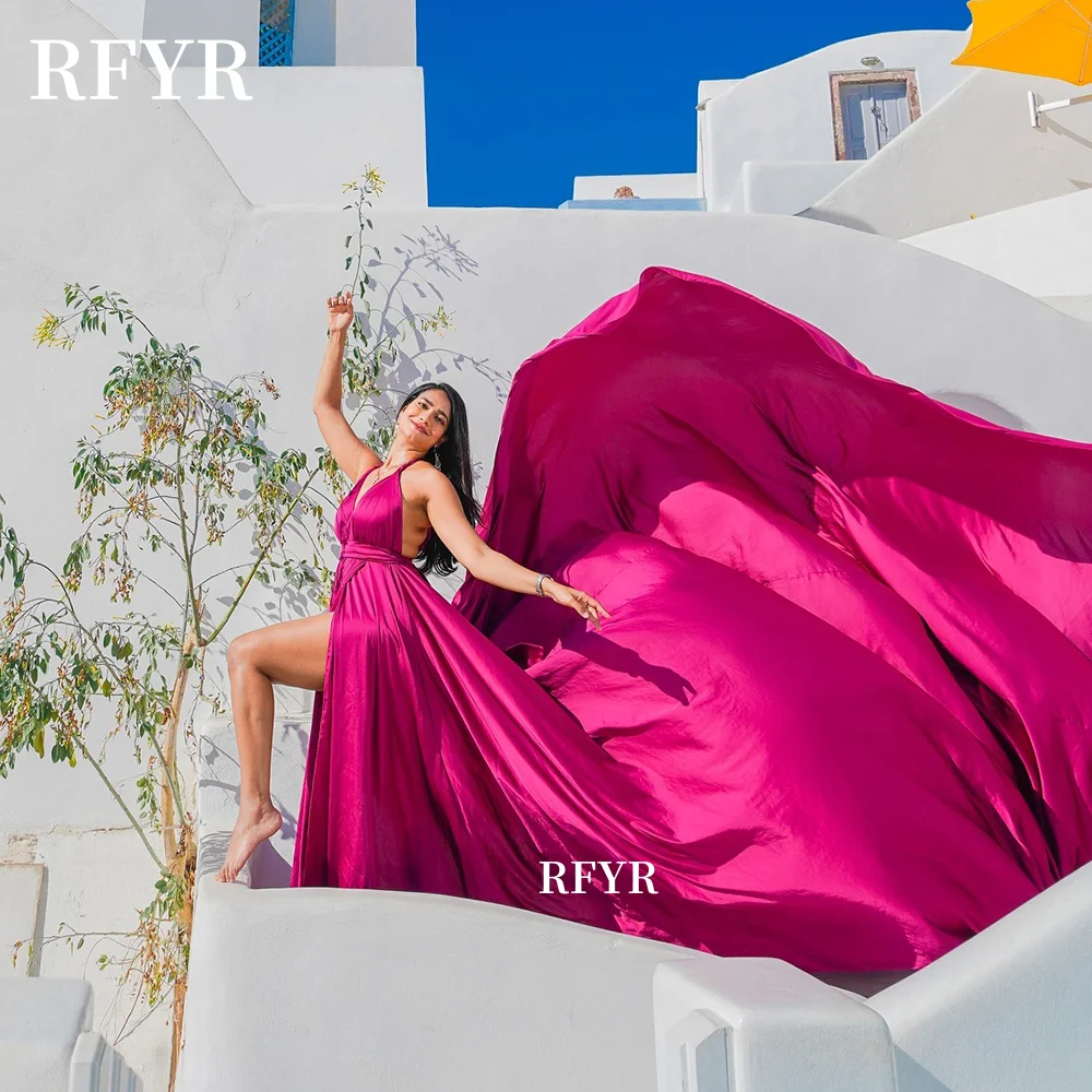 

RFYR A Line Flying Dress High Slit Evening Dress Long Royal Train Prom Dress Satin Party Dress for Women فساتين منا Customized
