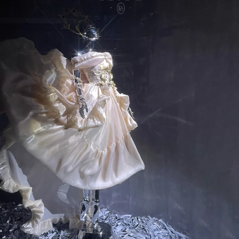 高品質重工業ゴールド妖精ドレス女性スリムフィットエレガントなビッグリボントレーリング Lo ドレス女性の花のウェディングドレス