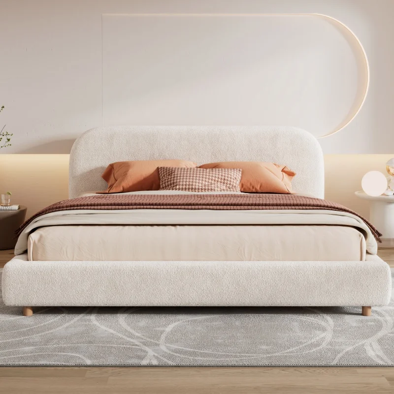 #Modern Beige Boucle Morden Home Furniture Bedroom Double Plywood Fabric Bed