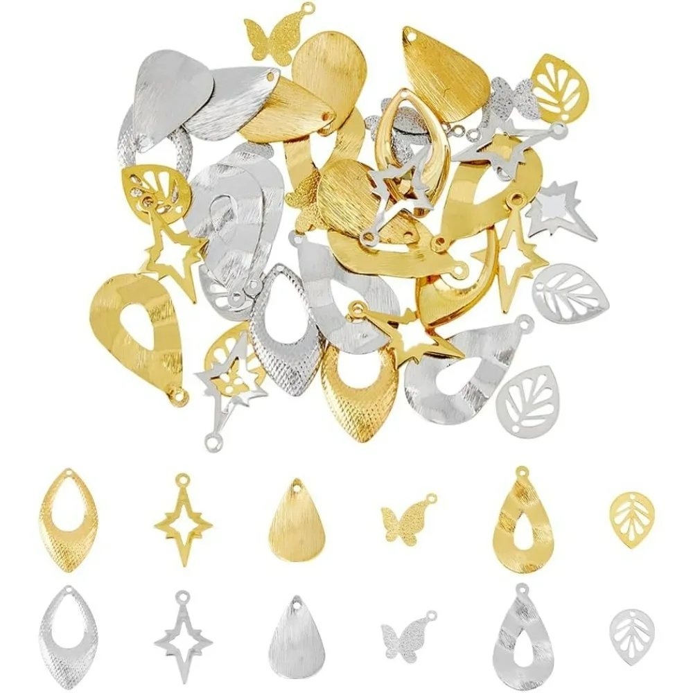 

48Pcs 12 Style Brass Pendants Star Charms Pendants Rack Brass Pendants Teardrop Leaf Shape Pendants for Jewelry