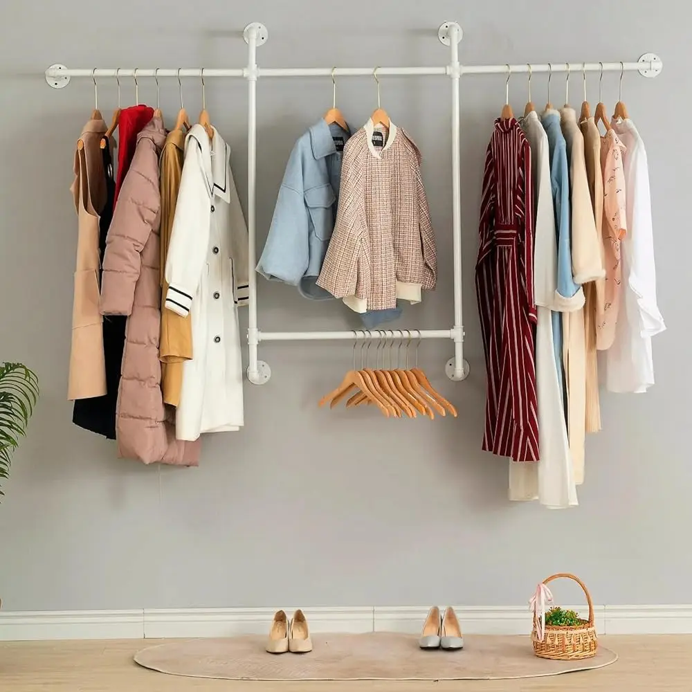 

Industrial Clothing Racks Garment Racks, Wall Mounted Pipes Clothes Racks With Four Hanging Rods, Heavy Duty Garment Racks,