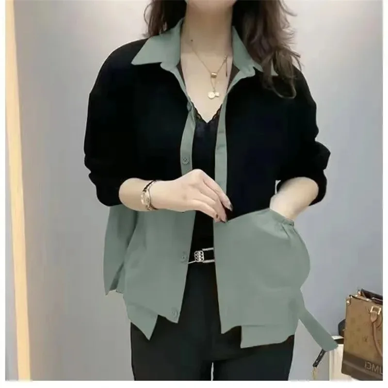 2024 Women Splicing Loose Fitting Jacket Spring Female Leisure Outerwear Ladies New Top Grade Fashion Long Sleeved Tops Coat