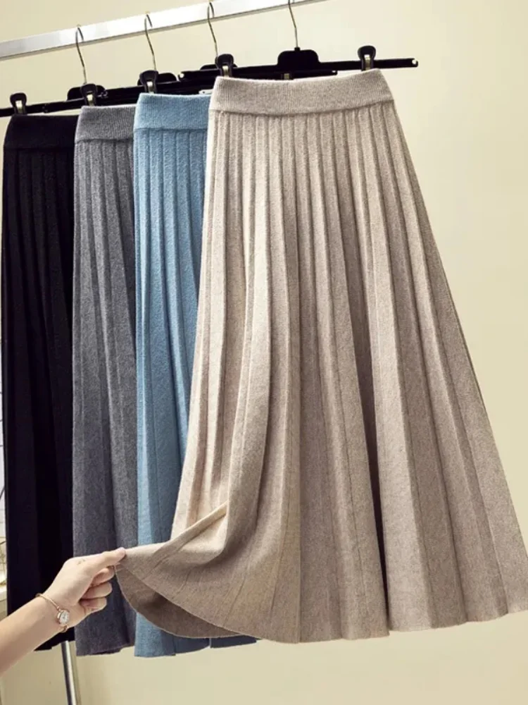 

New in 2024 Autumn Winter Pleated Skirt Fashion Women Elastic High Waist Knitted Skirts Elegant Solid Color A-Line Long Skirts