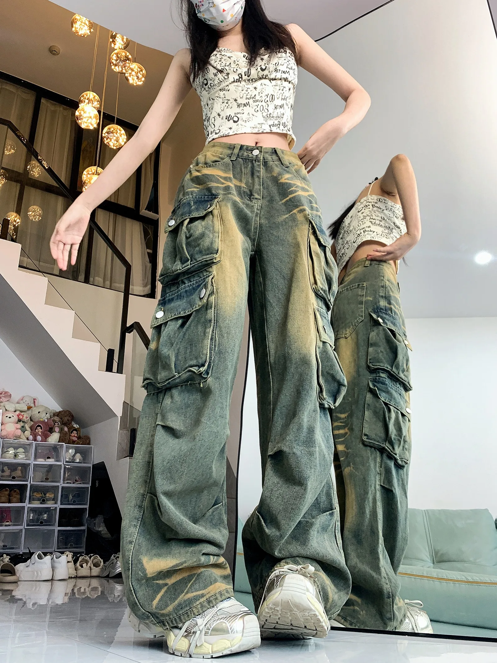 Street Personality Vintage Cargo Pants Women European American Style Jeans for Woman Hip-hop All-match Women Pants High Waist