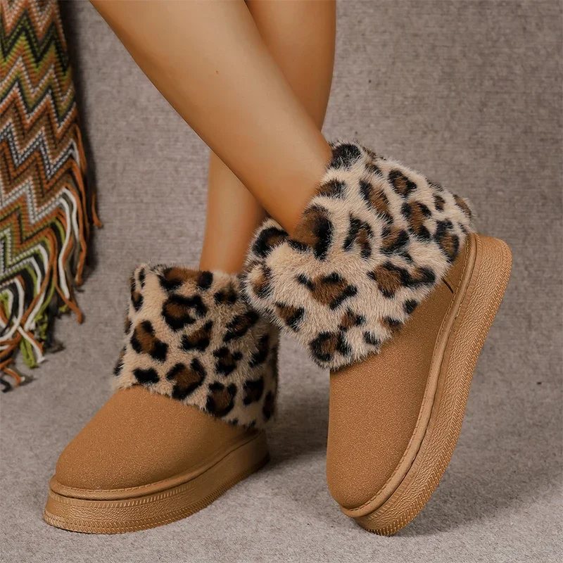 Fluffy Leopard Women Ankle Snow Boots Flats Platform Cotton Shoes Winter Warm Casual Suede Boots Trend 2024 Walking Female Botas