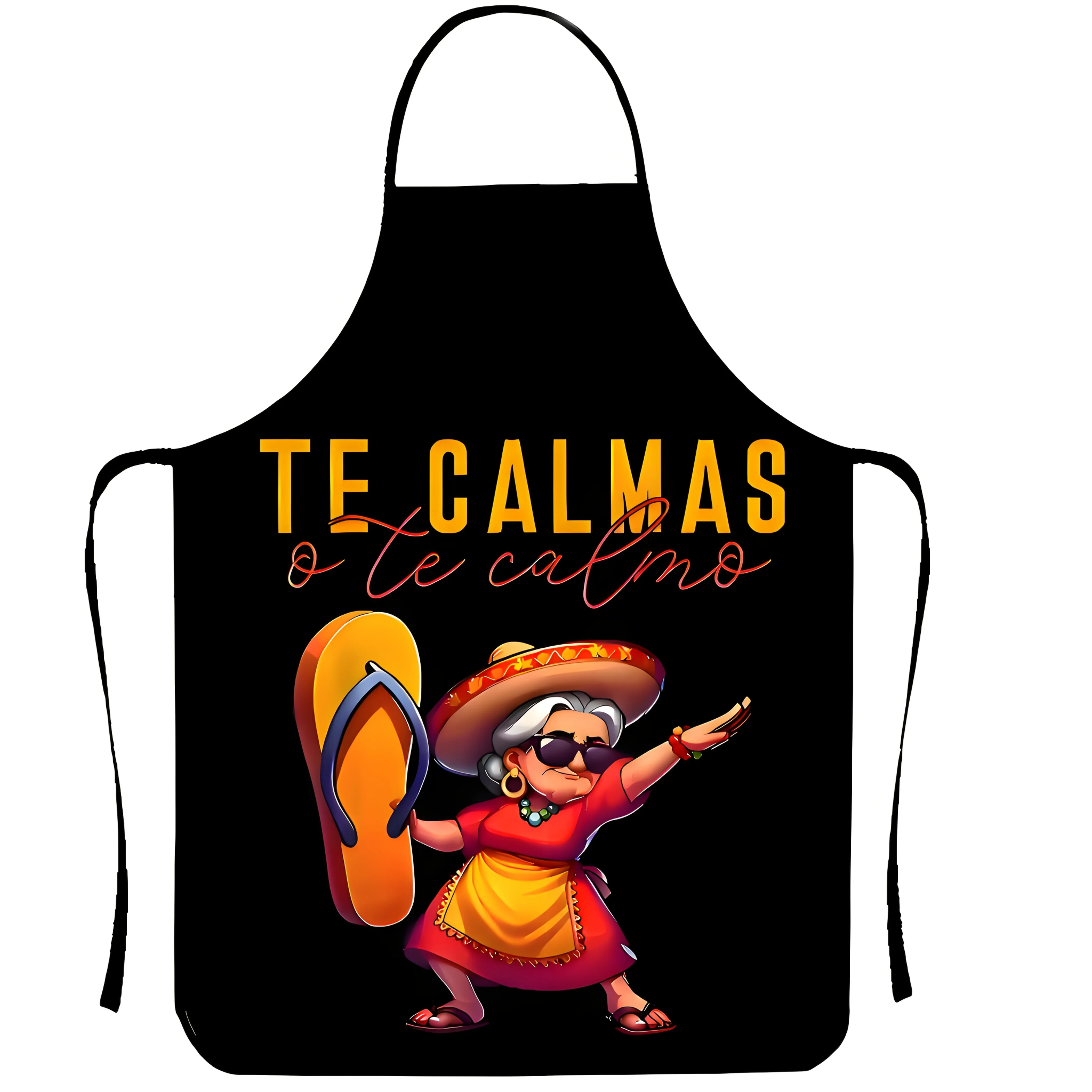 This apron features a fun cartoon character design, adorned with playful patterns and slogans. Perfect for everyday cooking