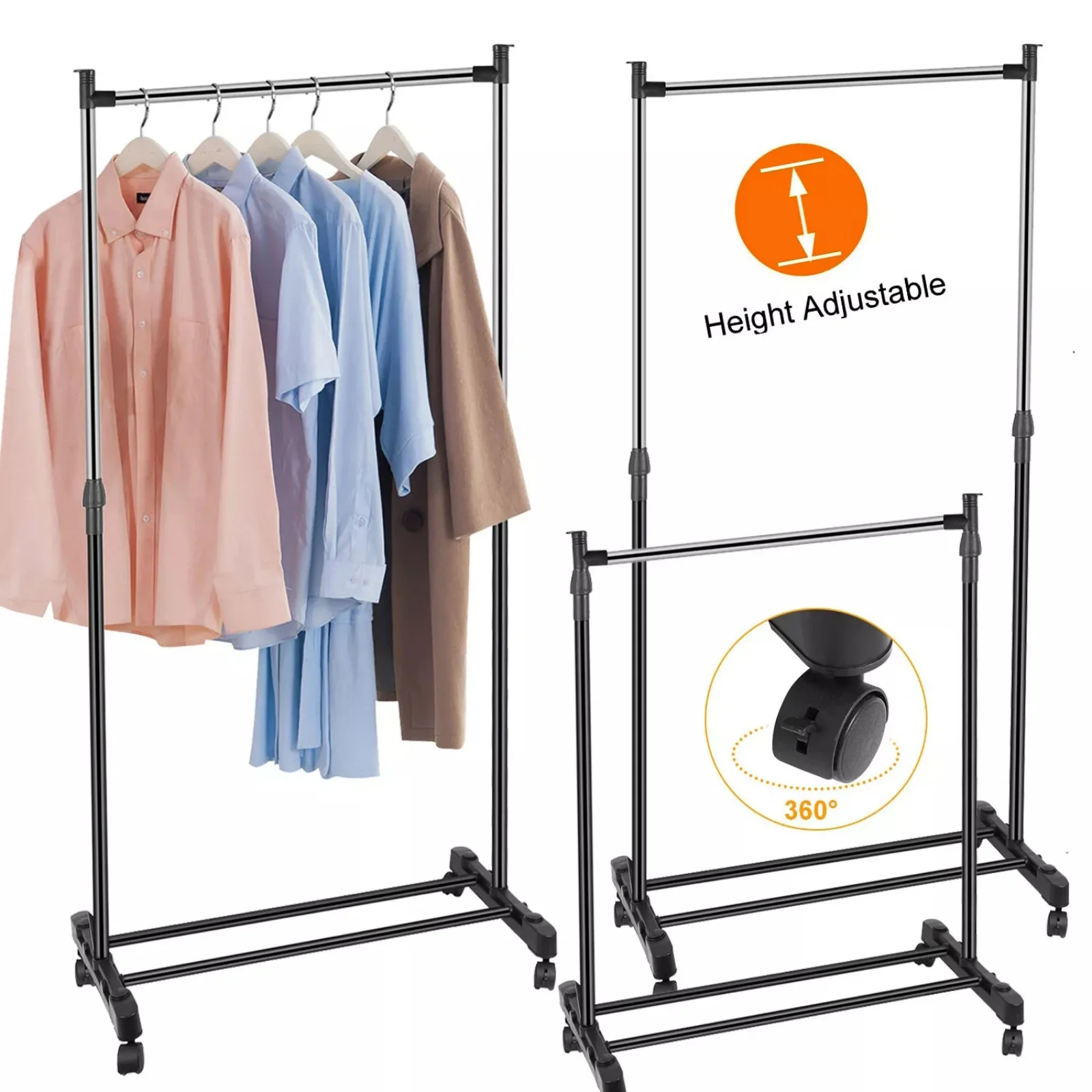 

Garment Rack Clothes Hanger Rolling Collapsible Clothing Shelf Height Adjustable