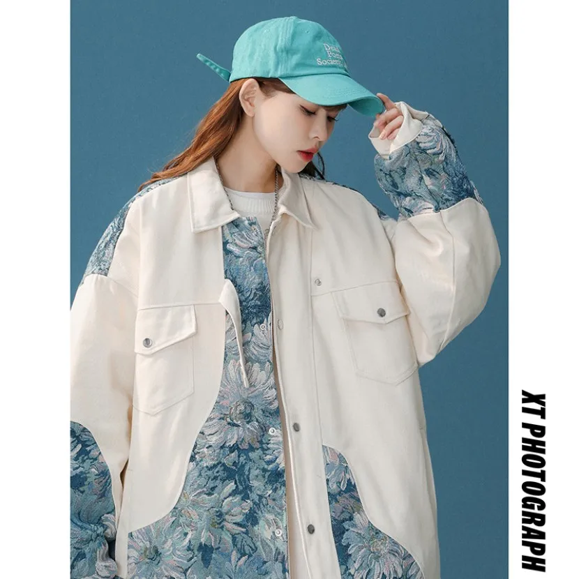 

Oversize Couple Cotton Jacket Winter Thick Warm Cold Proof Loose Workwear Outerwear Youth Casual Style Plant Floral Pattern