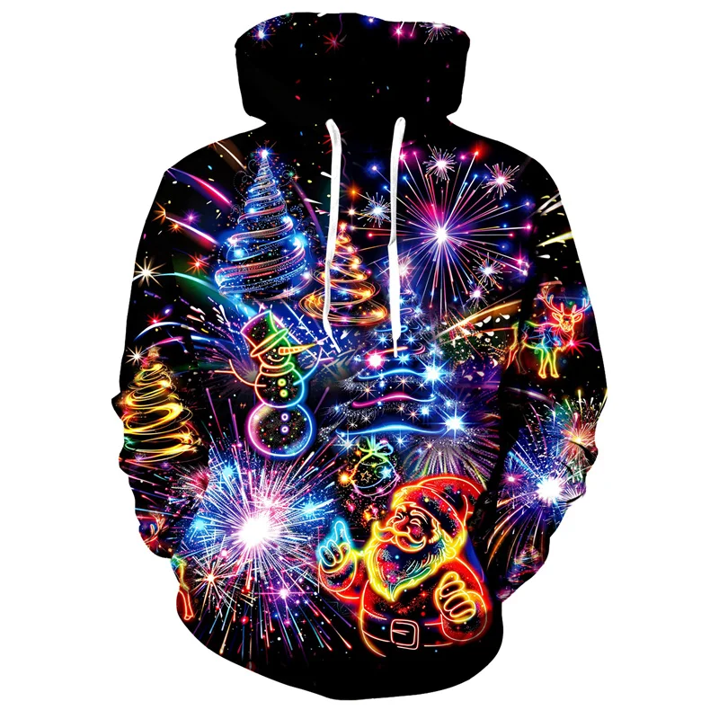 Colorful Fireworks Pattern Hoodie For Men Christmas Tree 3D Printed Long Sleeve Casual Pullover Tops Hoodies Loose Sweatshirt