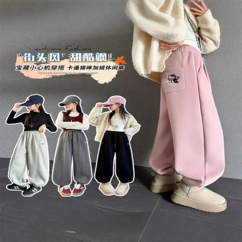 

Спортивные штаны Sanrio Hello Kitty для девочек, детские осенне-зимние зауженные джоггеры, уличная одежда, мягкая эластичная мягкая одежда, новый стиль