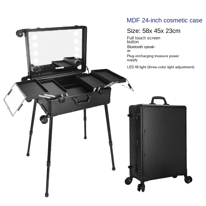 Professional makeup artist makeup box with light pattern embroidery nail beauty toolbox and makeup dedicated trolley case