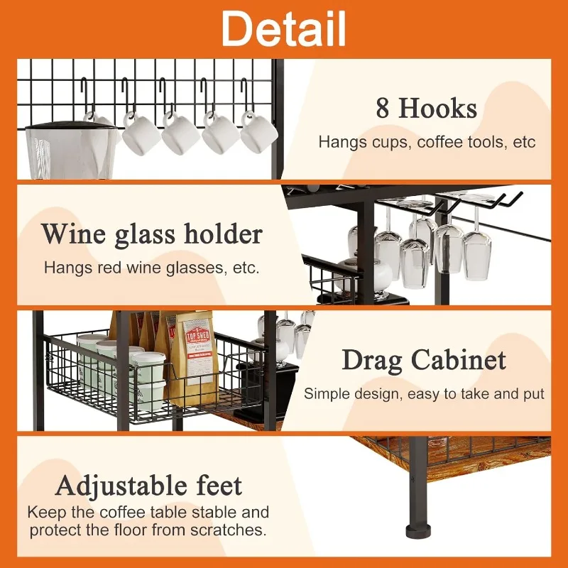 Credenza da bar per caffè in fattoria, credenza da buffet con ganci e cestino portaoggetti scorrevole rimovibile, ideale per la cucina