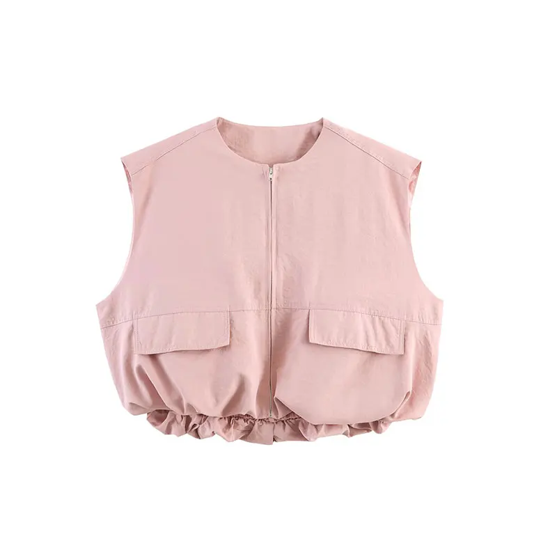 TFAFXY 2026 Spring Ruched Sleeveless Vest Women Zip Vests for Women Streetwear Women Jackets Holiday Casual Short Vest