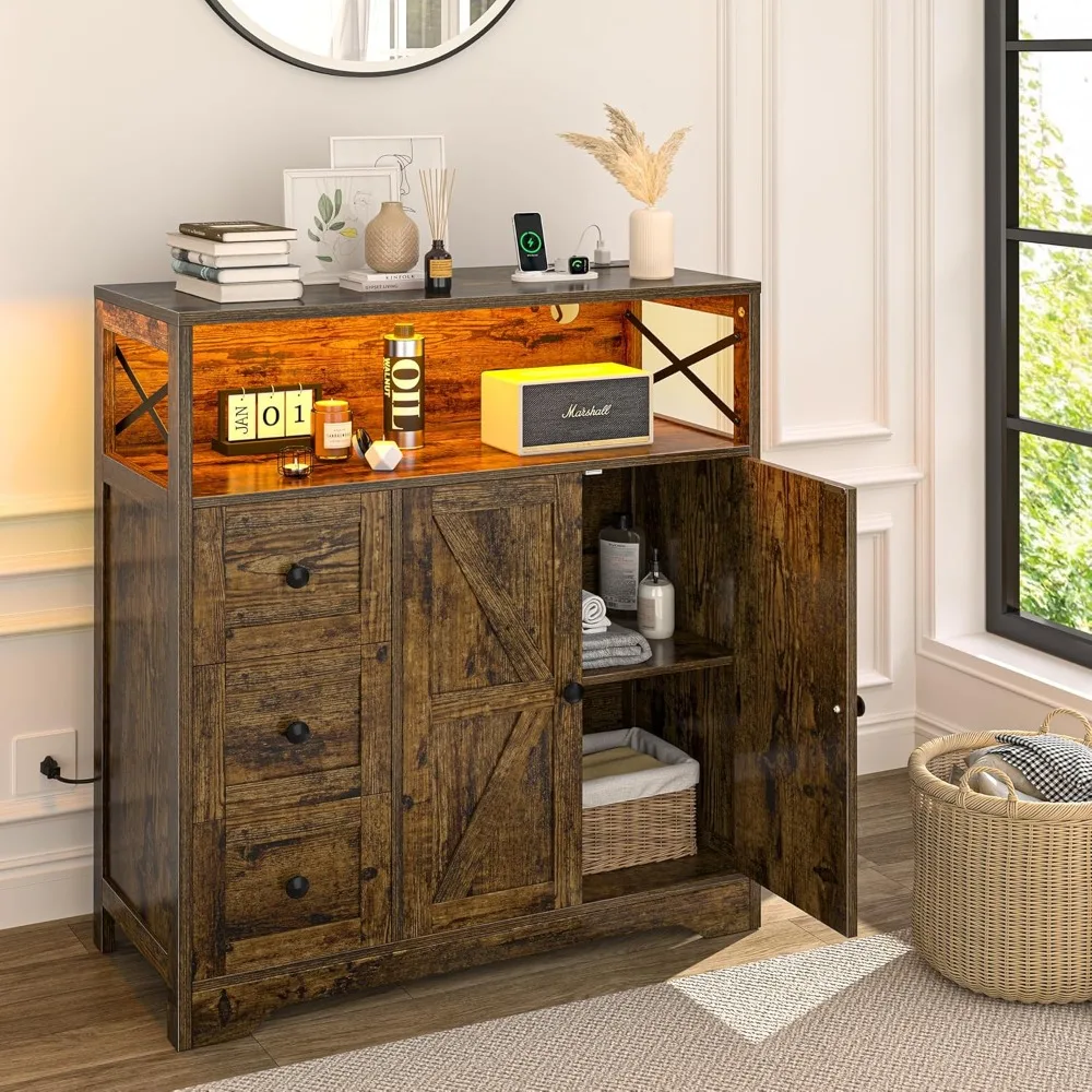 

Storage cabinets with doors and shelves, LED coffee bar cabinets with power sockets, kitchen buffet cabinets with power supply