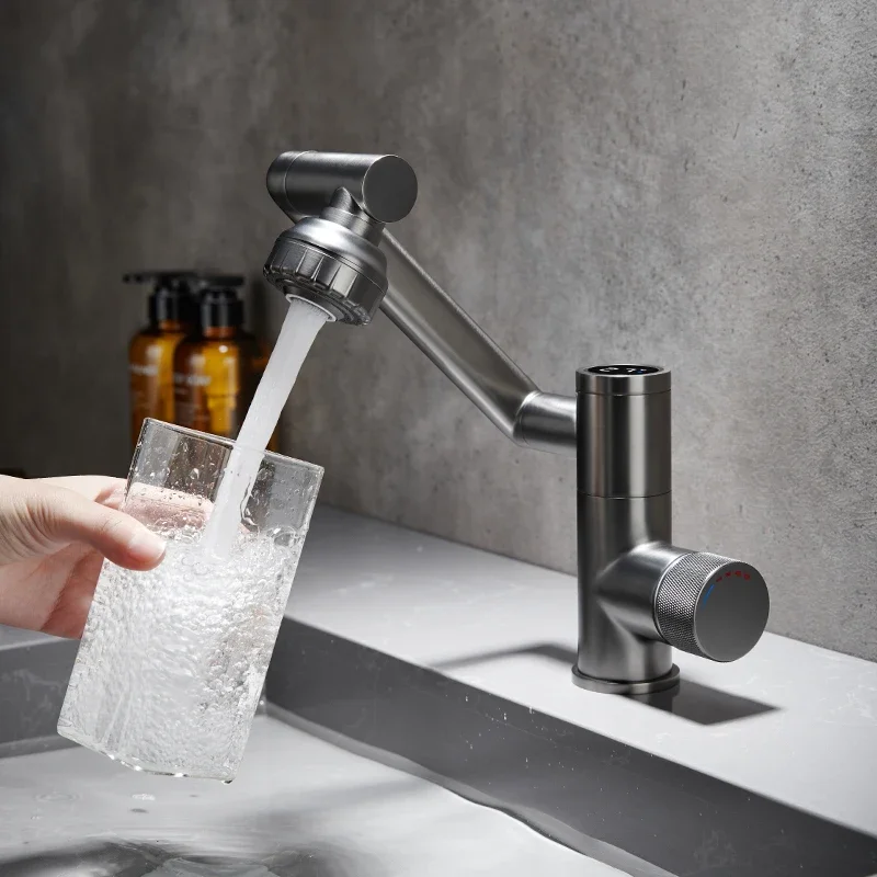 High-end hot and cold faucet gun gray with monitor white adjustable rotating all copper household