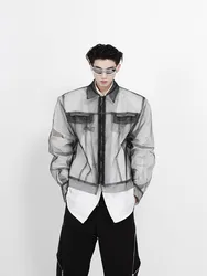 Yarn See Through Black Net Mesh Sheer Clea Gothic Punk Man Boy's Chic High Street Stage Show Live Music Jacket Uniforms Harajuku
