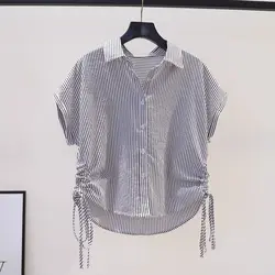 Women's Short Sleeve Striped Shirt, Thin,Drawstring Buttons, Simplicity, Elegant, Comfortable, Leisure, Generous, Dignified,Chic