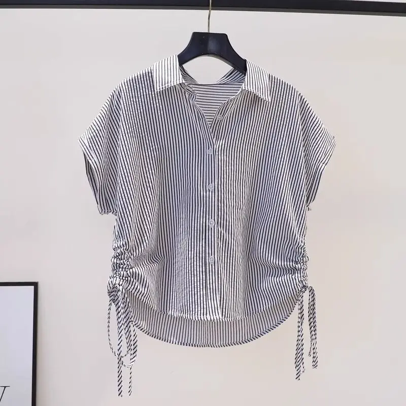 Women's Short Sleeve Striped Shirt, Thin,Drawstring Buttons, Simplicity, Elegant, Comfortable, Leisure, Generous, Dignified,Chic